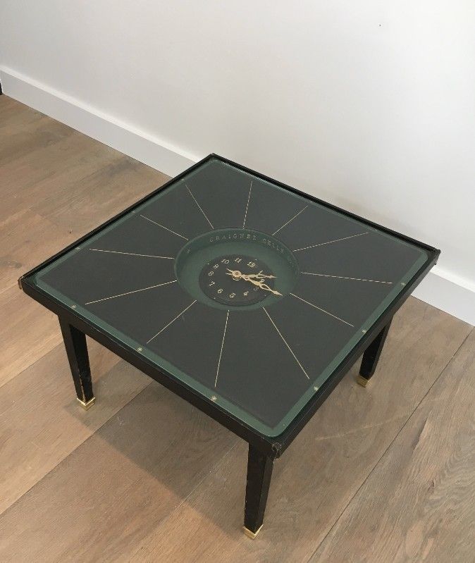In The Style Of Jacques Adnet. Rare Black Leather And Brass Small Clock Table. French. Circa 1950