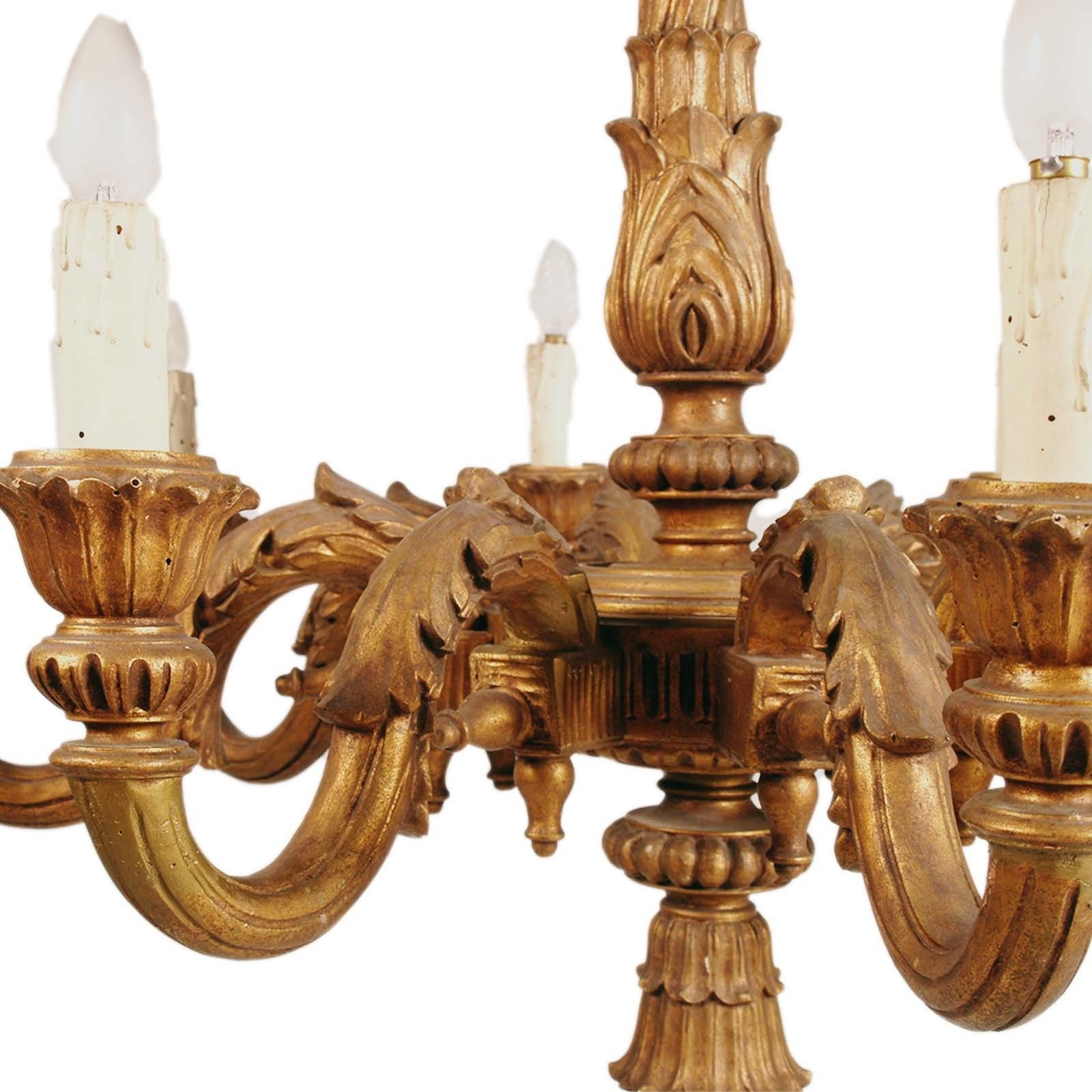 Large Florentine Baroque Chandelier In Hand Carved Walnut Gold Leaf, 9 Lights photo for sale