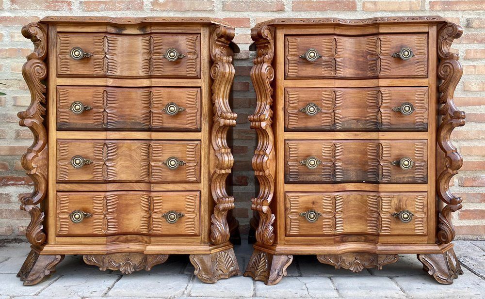 Early 20th Century Italian Burl Walnut And Fruitwood Bedside Commodes, Set Of 2