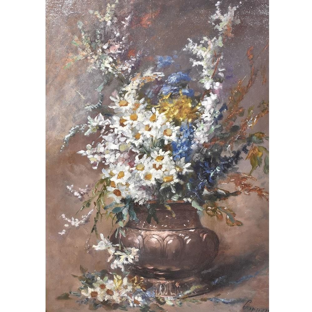 Still Life Painting, White Daisies, Coppenolle, Antique Oil, XIX Century. (Qf393) photo for sale