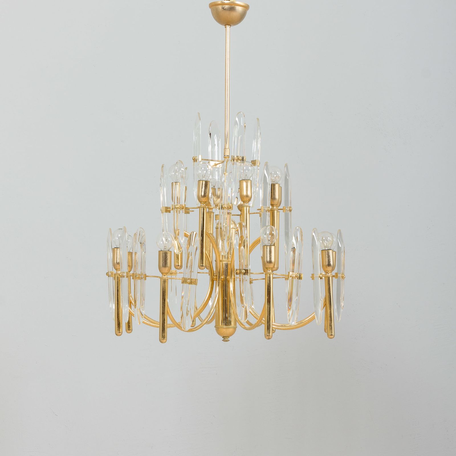 Gaetano Sciolari Large Gold Brass & Crystal Glass Chandelier, Italy, 70s