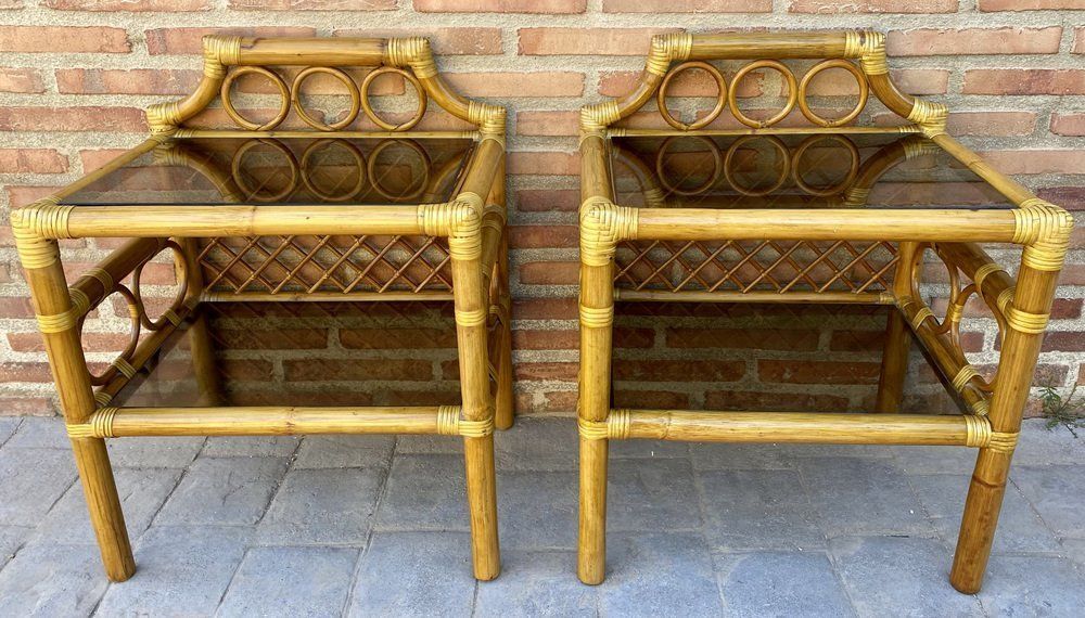 Bamboo & Rattan Nightstands With Low Glass Shelves, Italy, 1960s, Set Of 2 photo furniture
