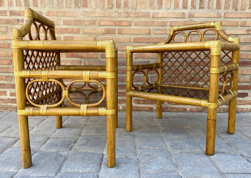 Bamboe & Rotan Nachtkastjes Met Lage Glazen Planken, Italië, Jaren 1960, Set Van 2 photo vinterior