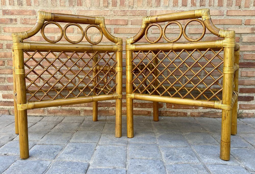 Bamboo & Rattan Nightstands With Low Glass Shelves, Italy, 1960s, Set Of 2 photo buy