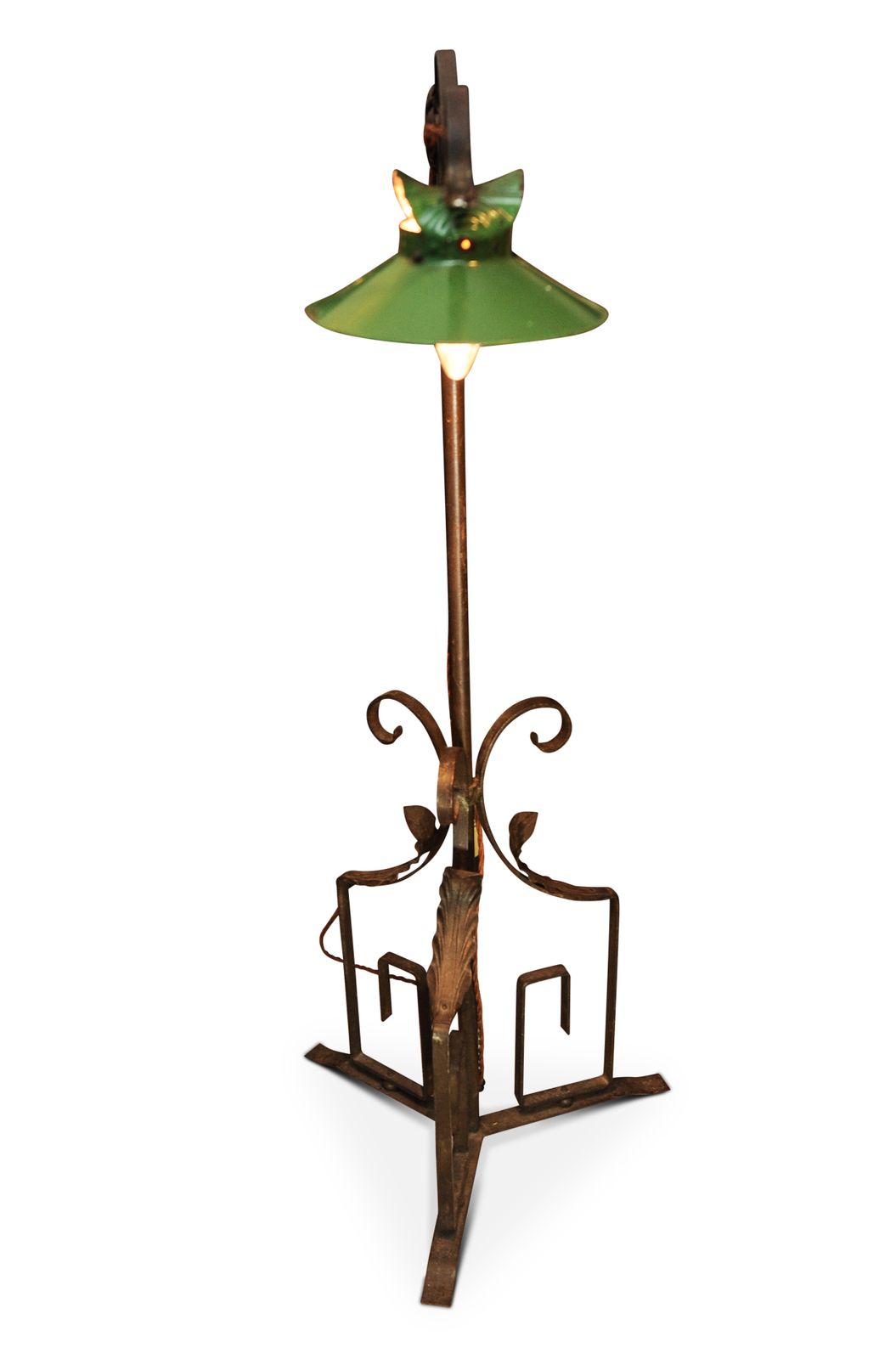 Art Nouveau French Wrought Iron Decorative Standard Lamp With Green Enamel Shade Ol photo Lighting
