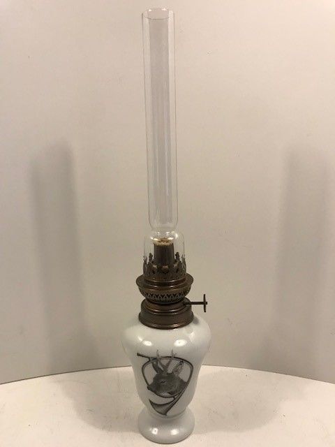 A Modern French Limoges Spirit Lamp With Deer Hunting Motif.