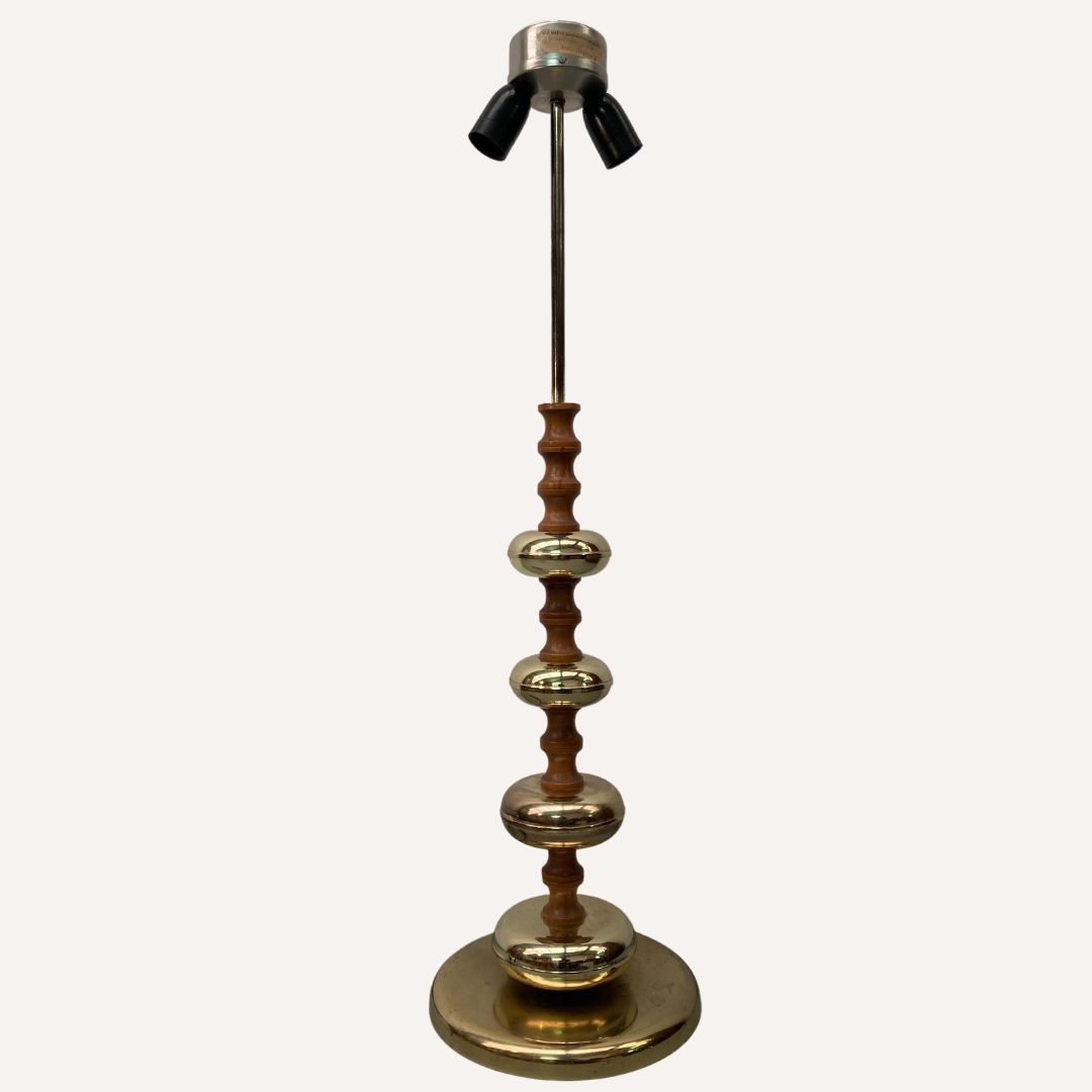 Brass And Wood Turned Large Table Lamp By Veb Narva Leuchtenbau Germany, 1970s photo Lighting