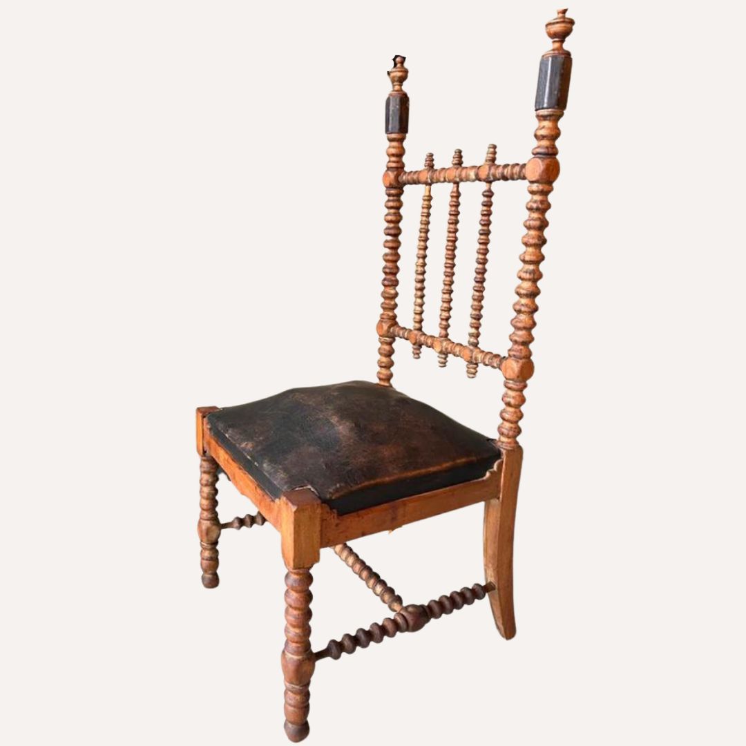 French Bobbin Chair With Leather Seat, Ca 1850 1860 photo vintage