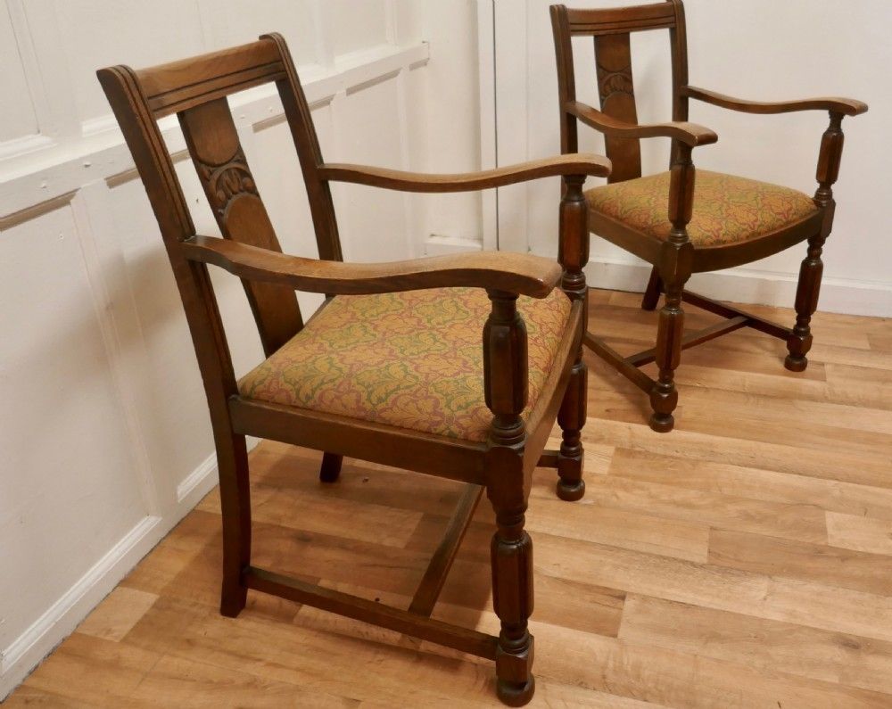 Pair Of Arts And Crafts Golden Oak Carver Chairs photo Furniture