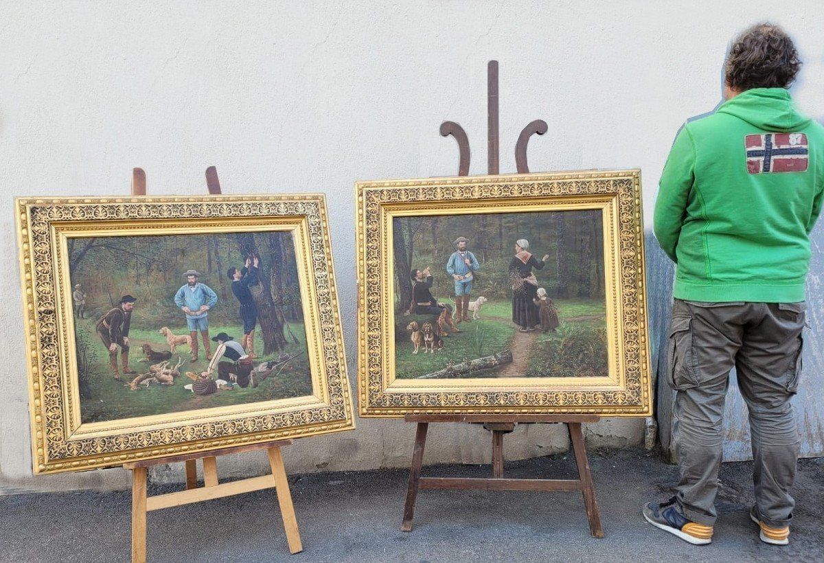 F Brillaud, Pair Of Paintings, Hunting Scenes, Xixth Century photo furniture