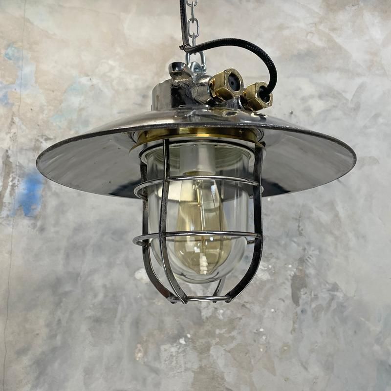 1980's Japanese Cast Steel Explosion Proof Pendant   Glass Dome, Shade & Cage photo furniture