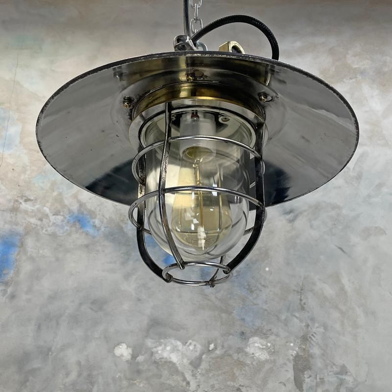 1980's Japanese Cast Steel Explosion Proof Pendant   Glass Dome, Shade & Cage photo Lighting