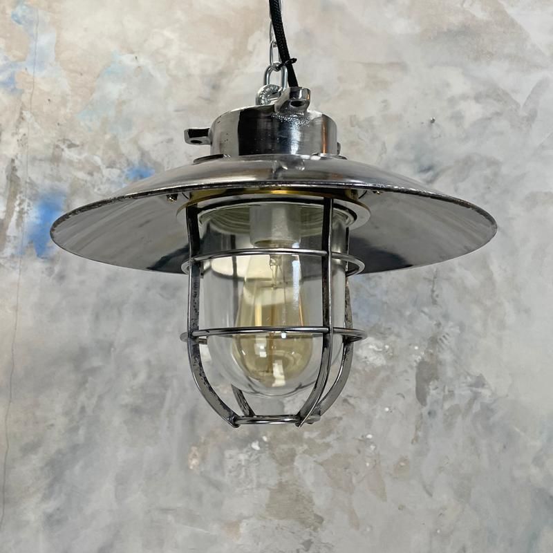 300.0 1980's Japanese Cast Steel Explosion Proof Pendant   Glass Dome, Shade & Cage photo