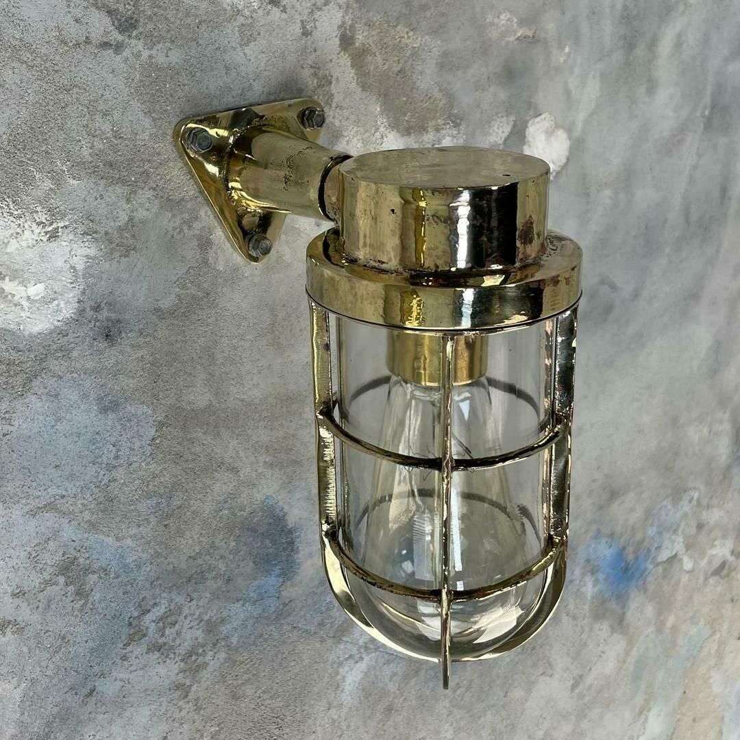 1970's Dutch Industrial Rotterdam Brass 90 Degree Wall Lamp   Glass Dome & Cage photo furniture