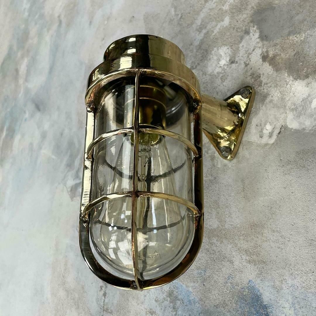 1970's Dutch Industrial Rotterdam Brass 90 Degree Wall Lamp   Glass Dome & Cage photo vinterior