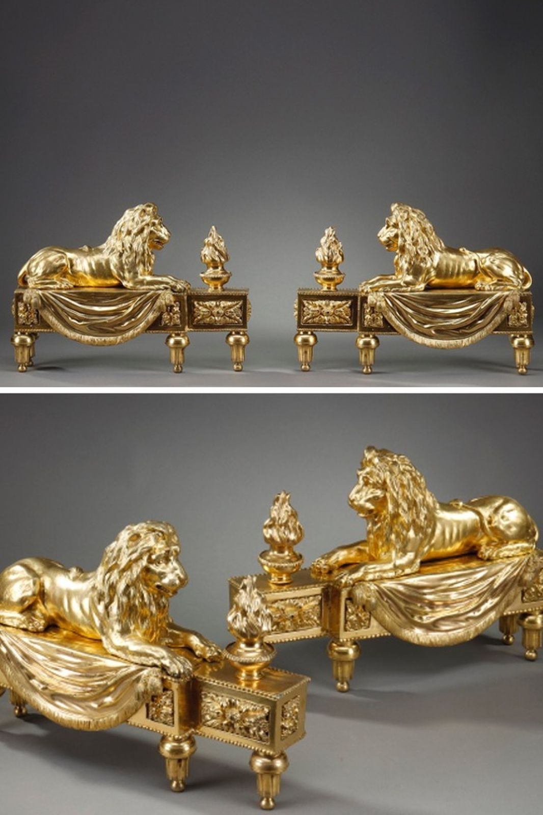 Pair Of Andirons With Lions In Bronze Chased And Gilded