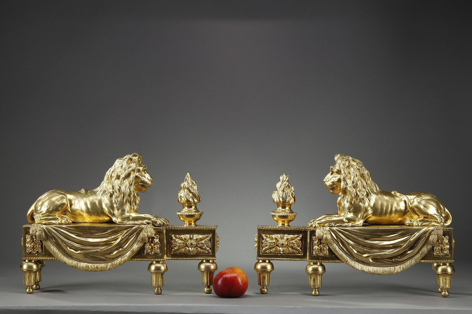 Pair Of Andirons With Lions In Bronze Chased And Gilded photo for sale