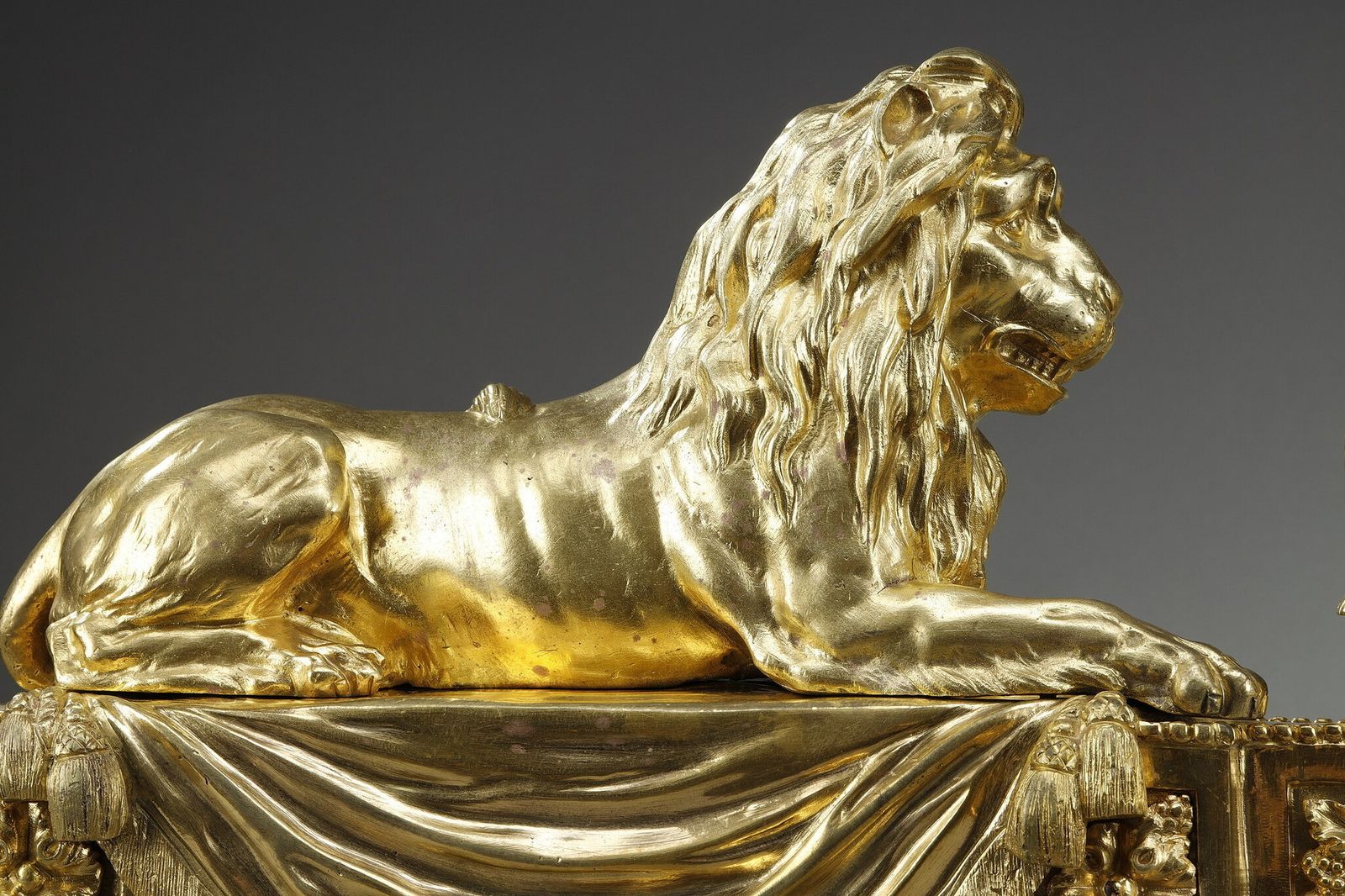 photo furniture Pair Of Andirons With Lions In Bronze Chased And Gilded
