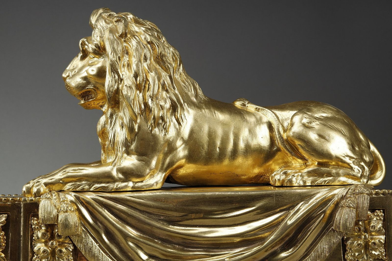 photo for sale Pair Of Andirons With Lions In Bronze Chased And Gilded