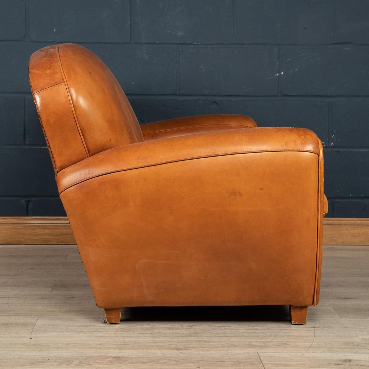 20th Century France Two Seater Tan Sheepskin Leather Sofa photo Furniture