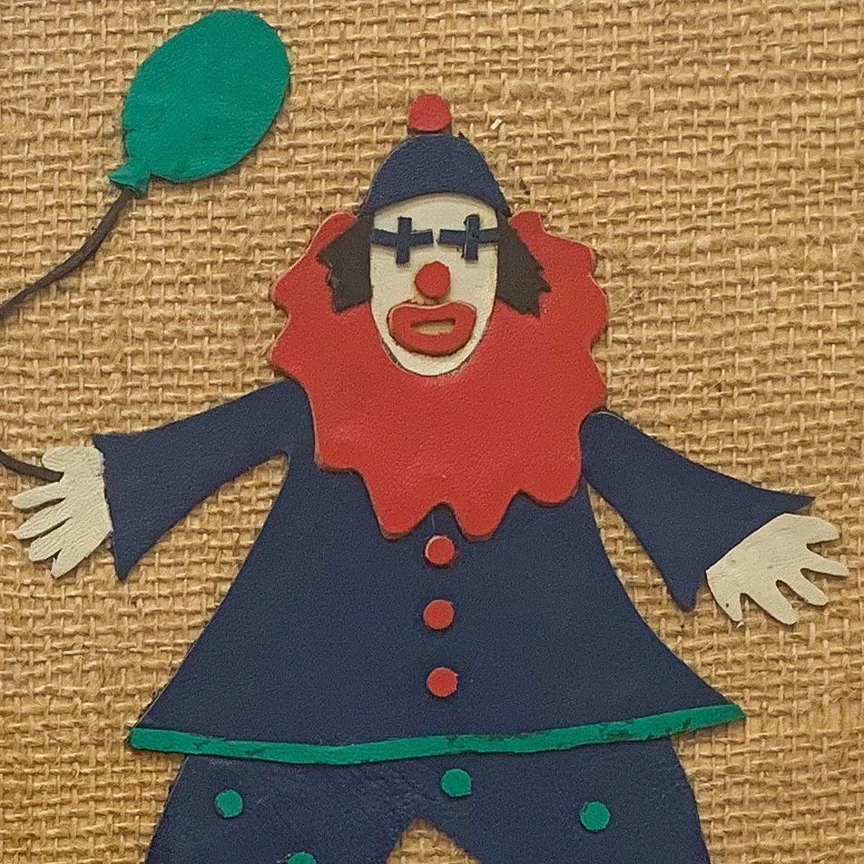 Leather Clown Collage On Hessian   British, C1960s photo furniture