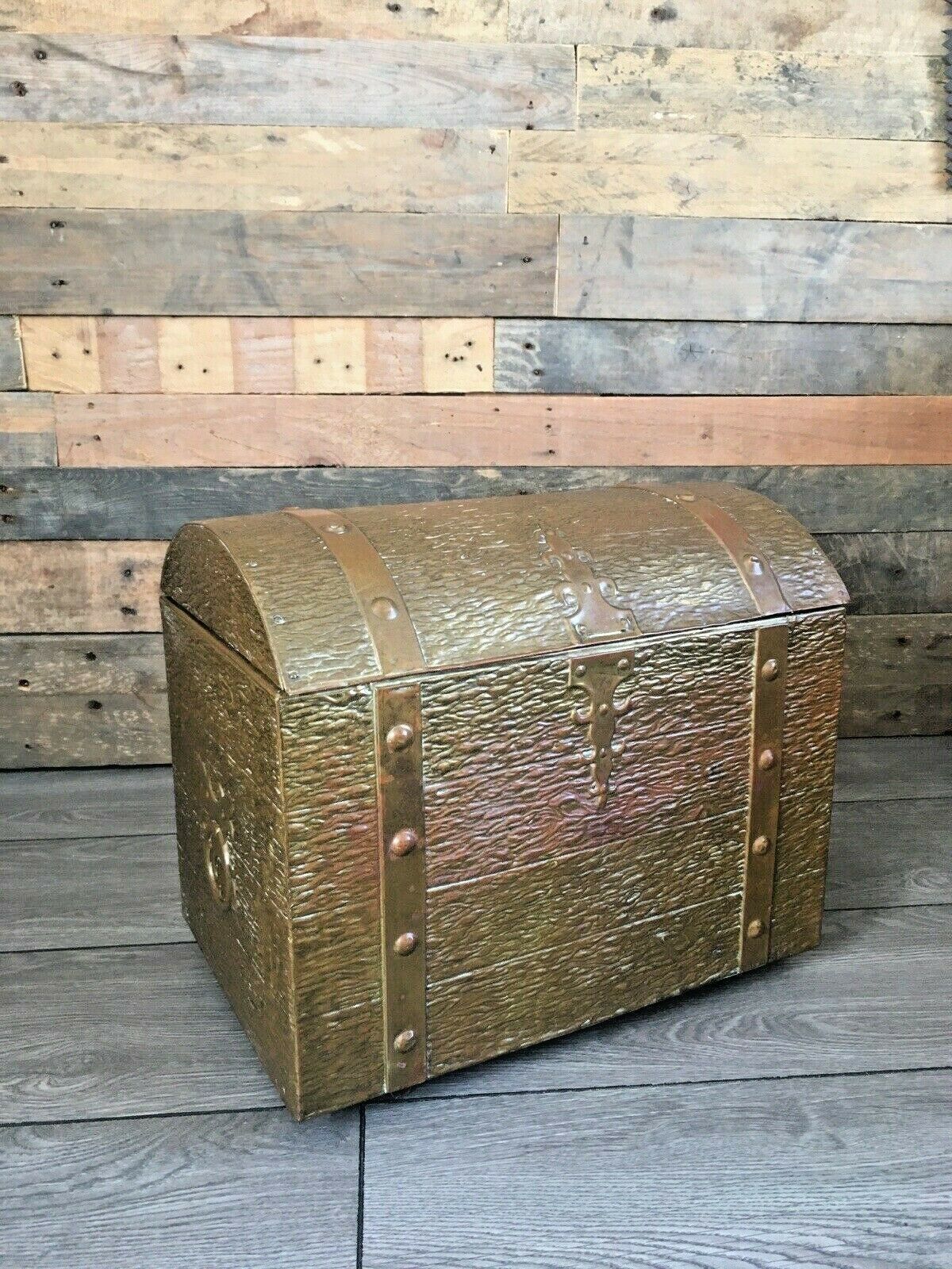 Antique Brass Wood Effect Treasure Chest Log Coal Box Storage Bin Kindling Toy photo 120.0