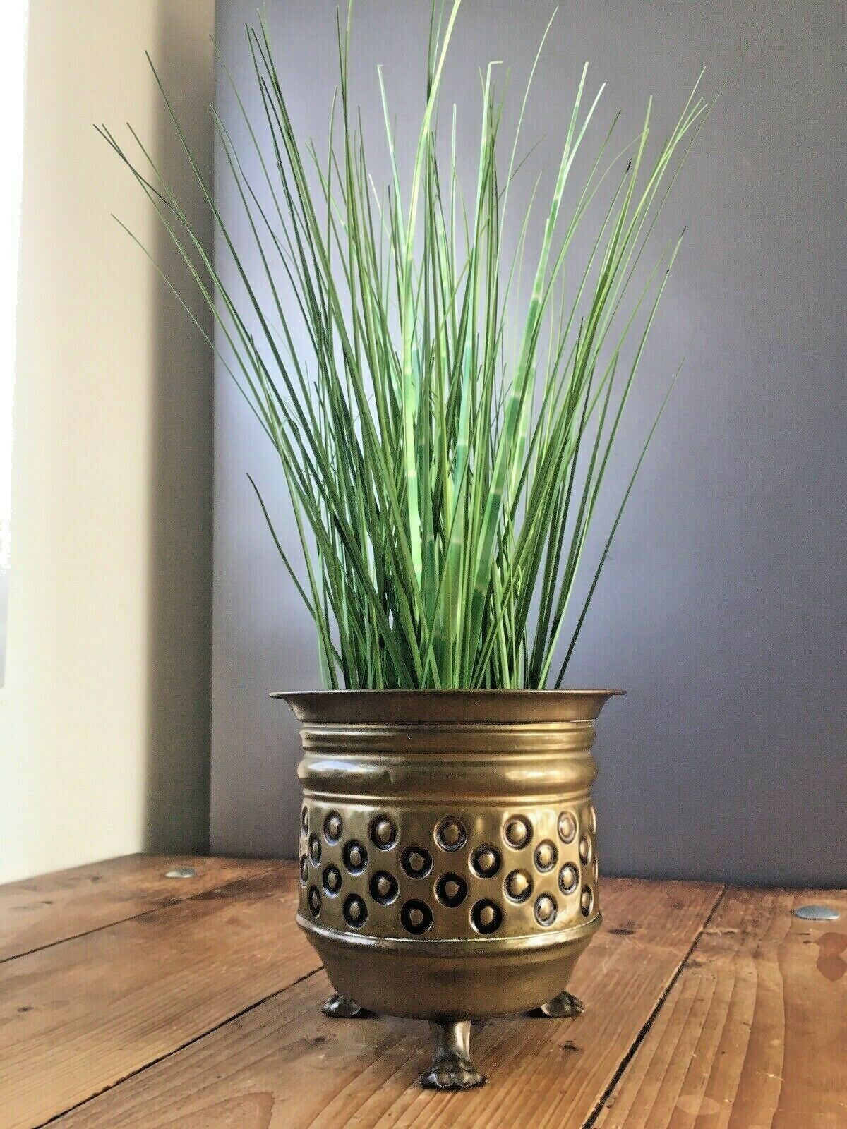 Vintage Retro Brass Circle Planter Lion Feet Flower Plant Pot Boho 70's Antique