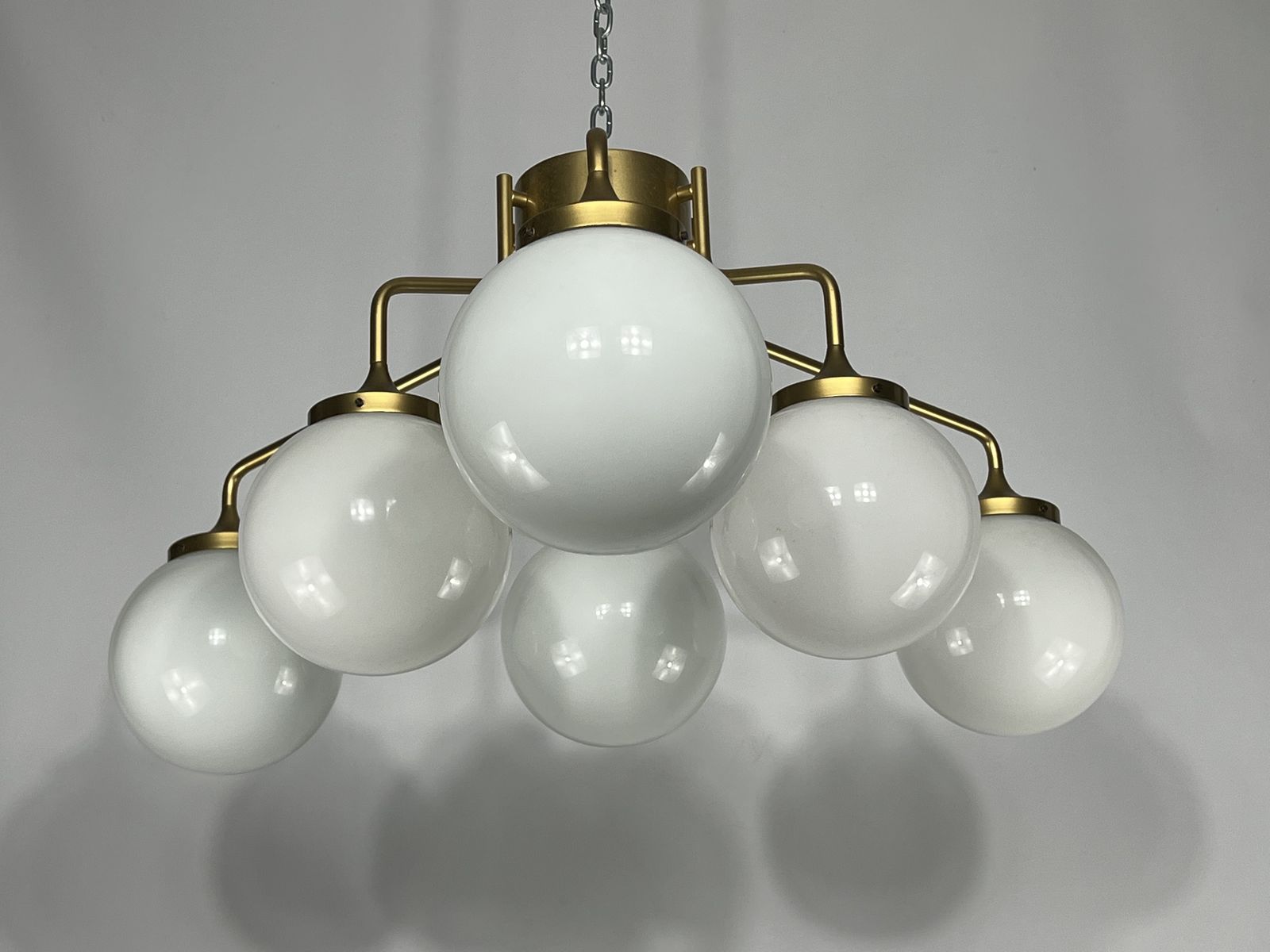 Monumental Mid Century Brass And Milk Glass Ceiling Lamp By Reggiani. Italy 1970s photo for sale