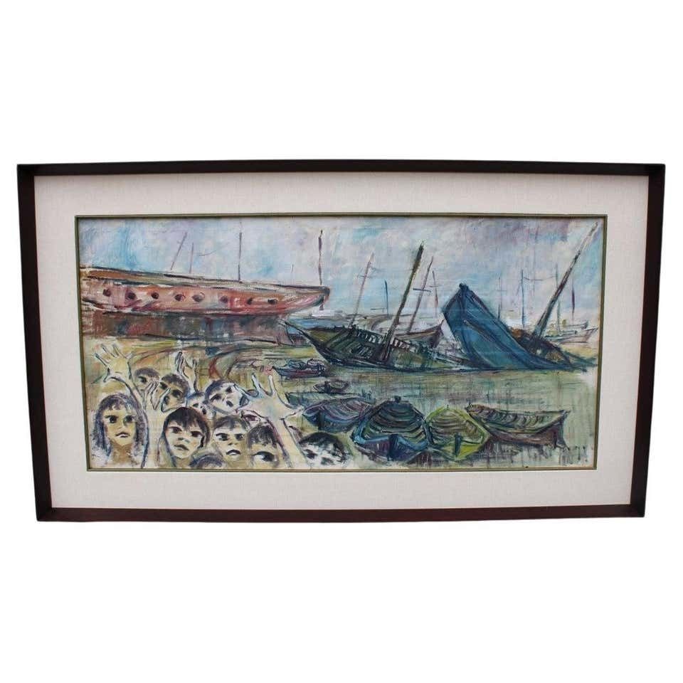 Oil Painting Rainer Kriester 1960 With Children Cala Di Palermo Very Rare Work