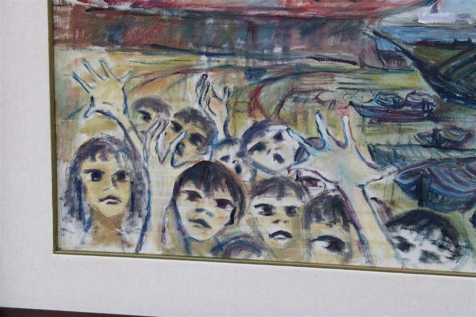 Oil Painting Rainer Kriester 1960 With Children Cala Di Palermo Very Rare Work photo for sale
