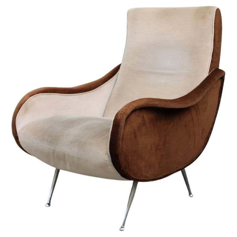 Mid Century Velvet Armchair Zanuso Style Italian Design, 1950s
