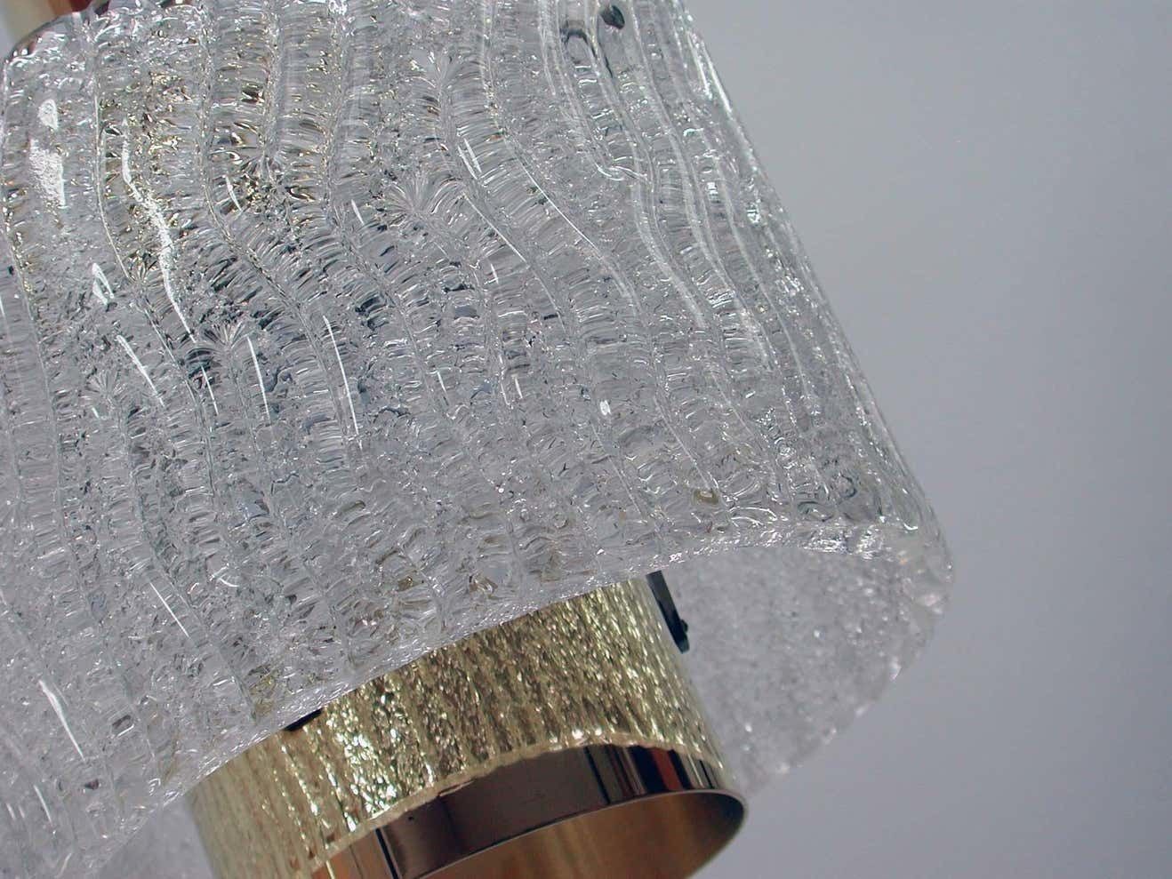 J.T. Kalmar Midcentury Textured Glass And Brass Pendant, 1950s photo for sale