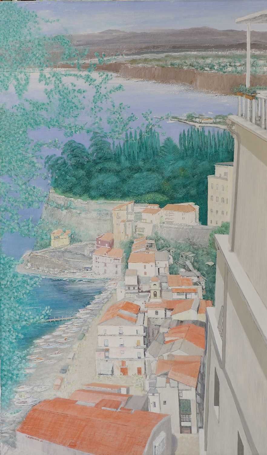 Large Painting: Acrylic Paint On Board Of An Italian Landscape: "Sorrento" By Tom Alderson 1920 2010