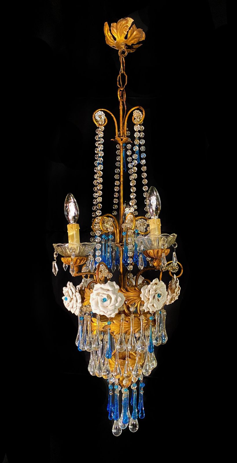 Lovely Chandelier With White Roses And Blue Drops, Murano, 1950s photo furniture