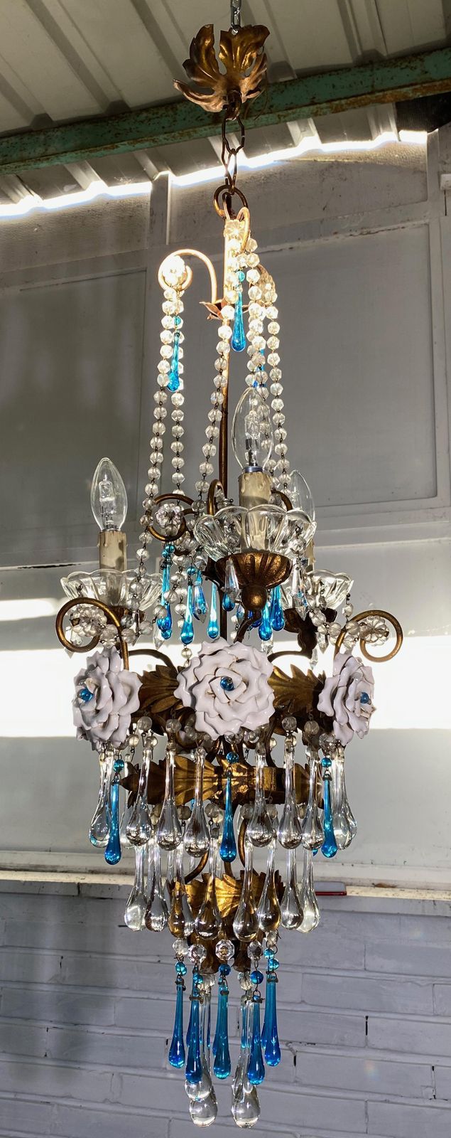 Lovely Chandelier With White Roses And Blue Drops, Murano, 1950s photo 2356.2