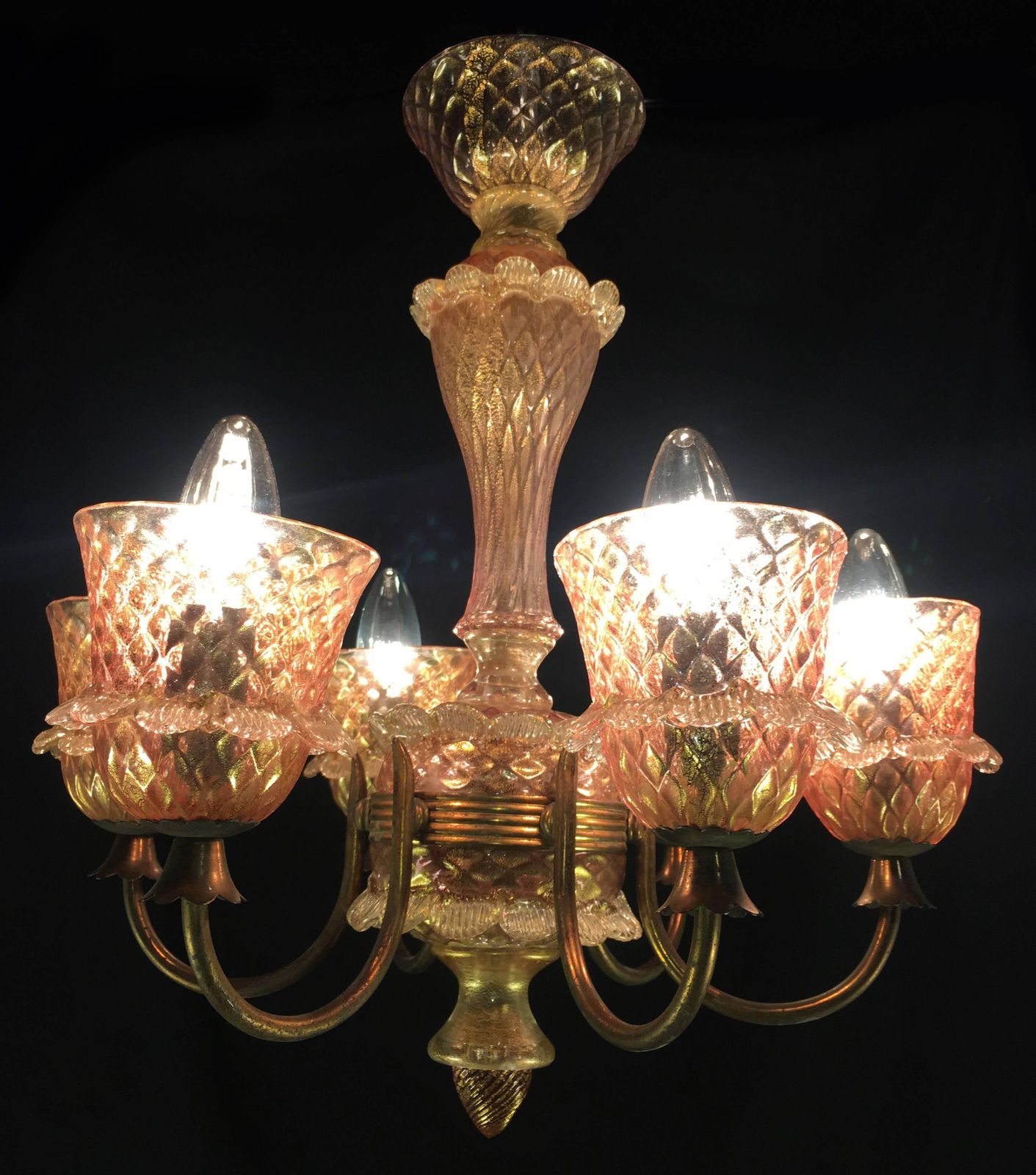 Pink And Gold Chandelier By Barovier & Toso, Murano, 1950 photo for sale