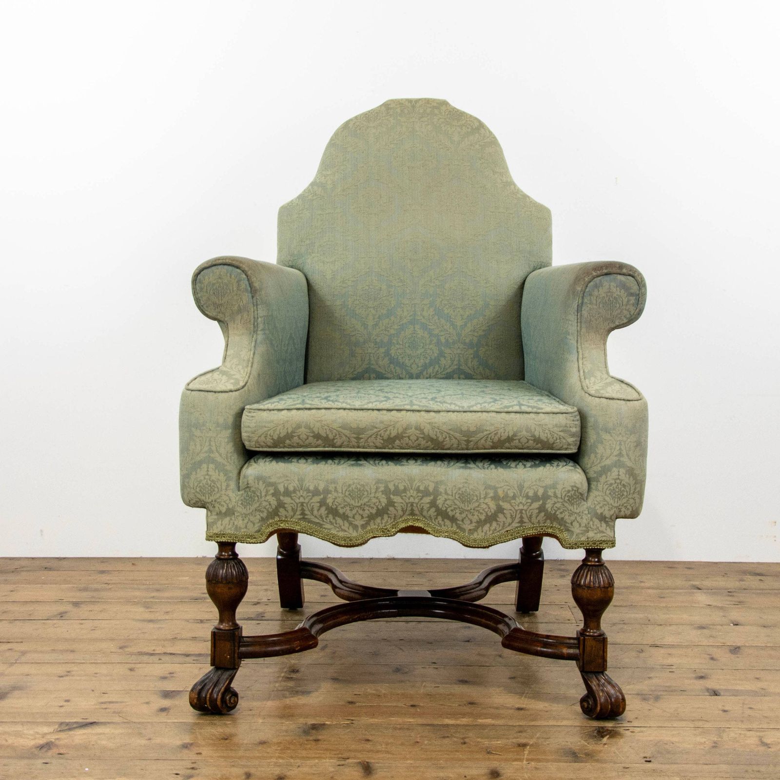 Blue Upholstered Armchair In William And Mary Style photo for sale