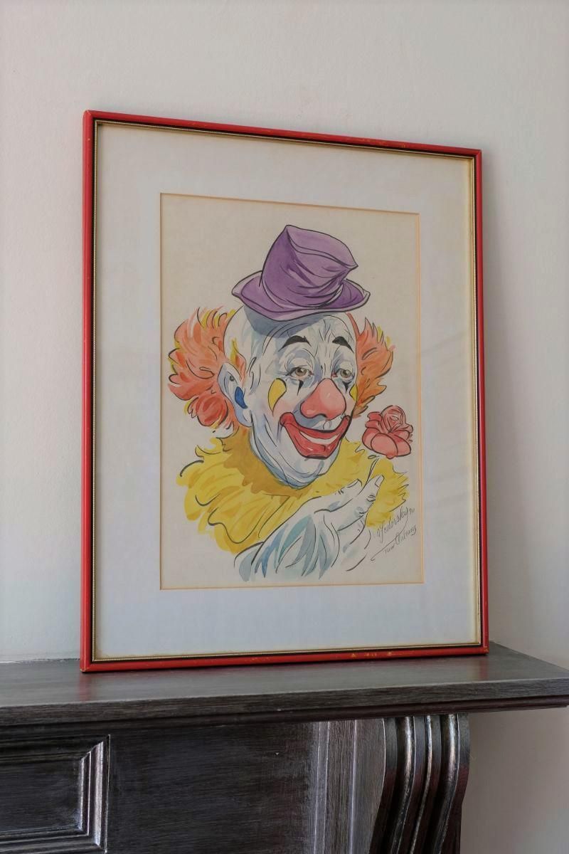 Clown With Rose Inscribed New Orleans Signed By Alexander Fedorsky   Watercolour