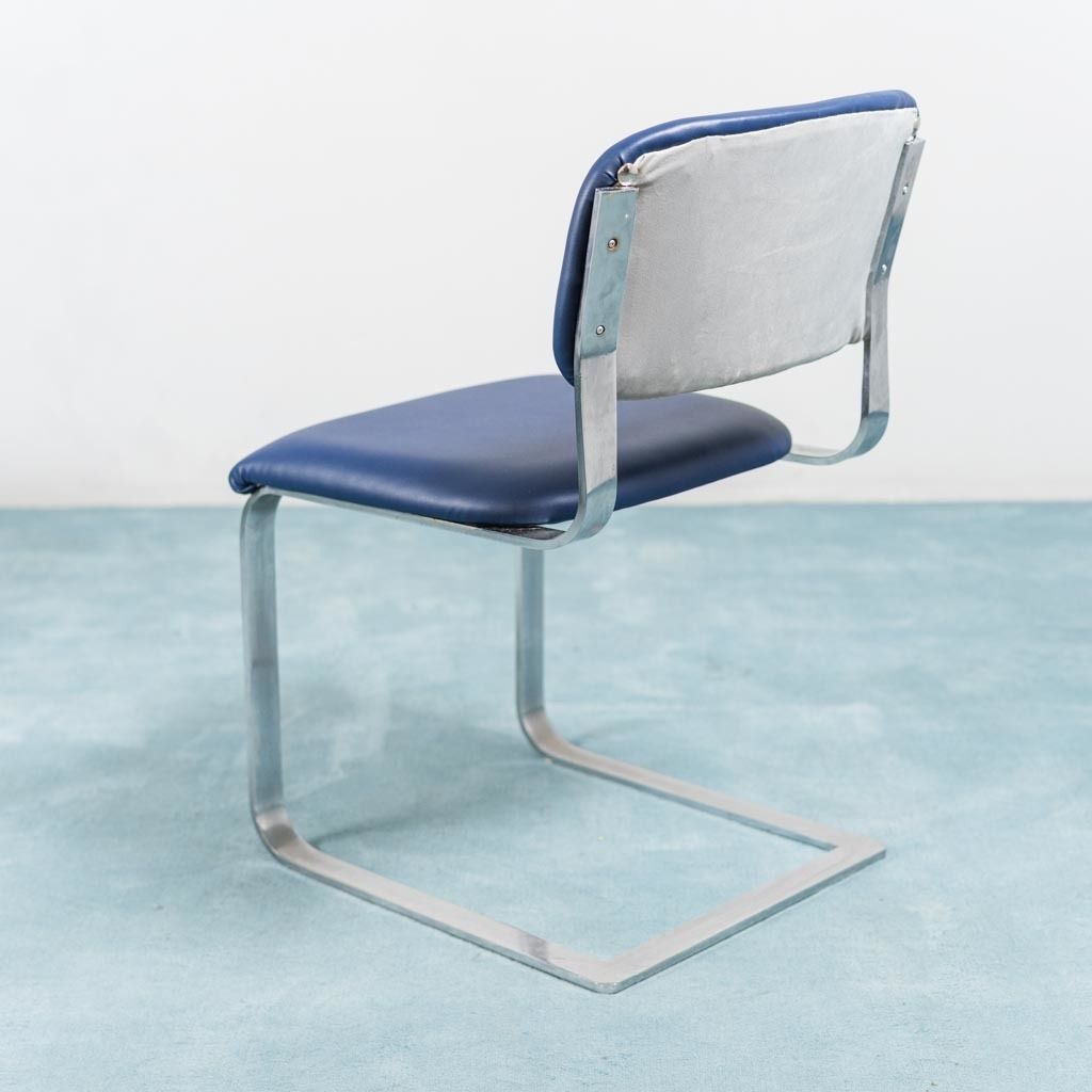 Set Of 4 Eco Leather Chairs Blue Chromed Metal 70's Vintage photo buy