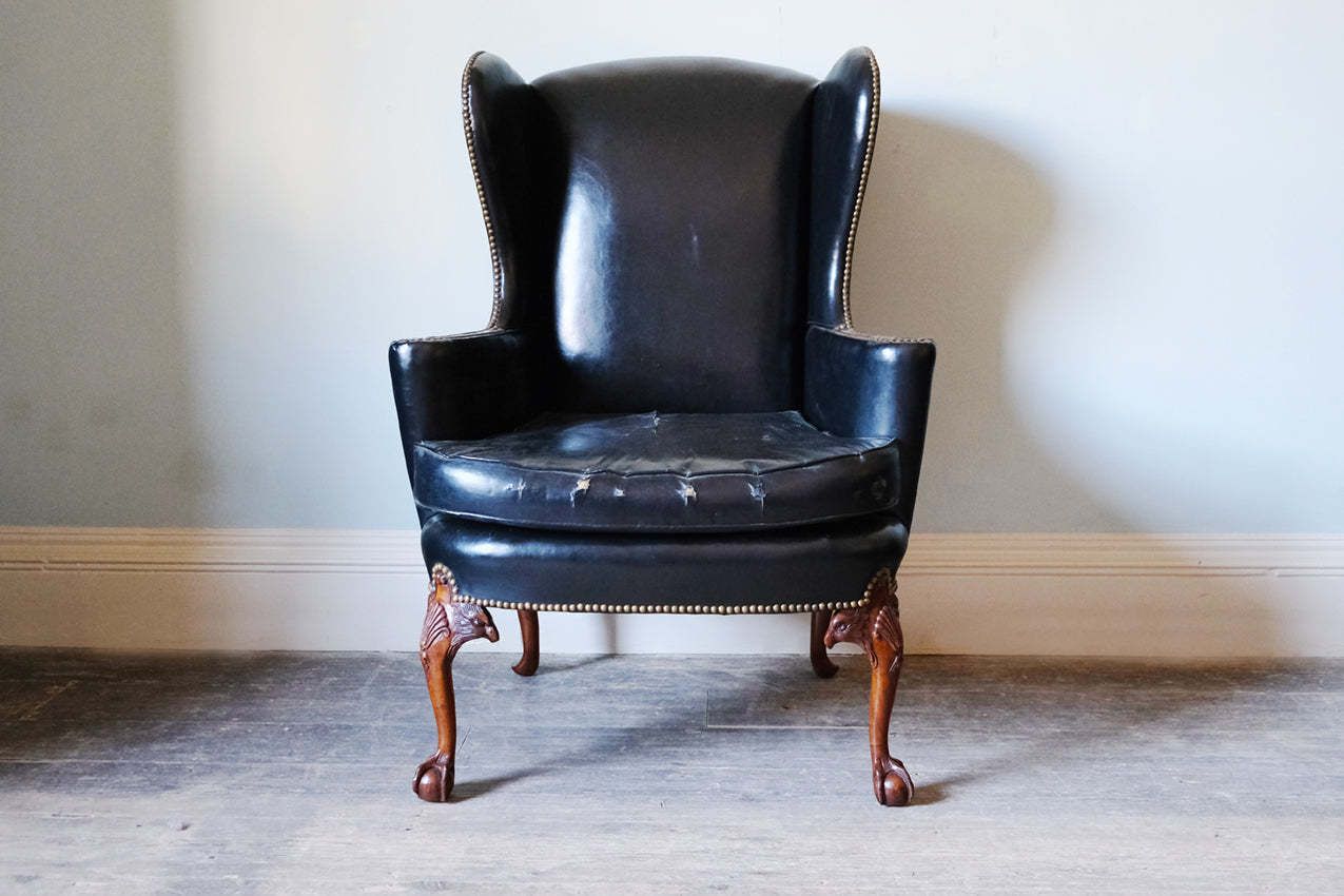 Black Leather Upholstered Wingback Armchair With Ball & Claw Feet