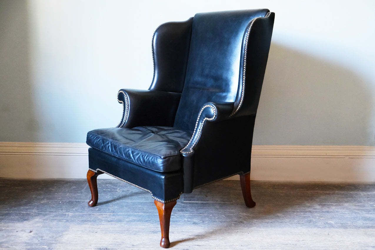 Georgian Black Leather Upholstered Wingback Armchair photo furniture