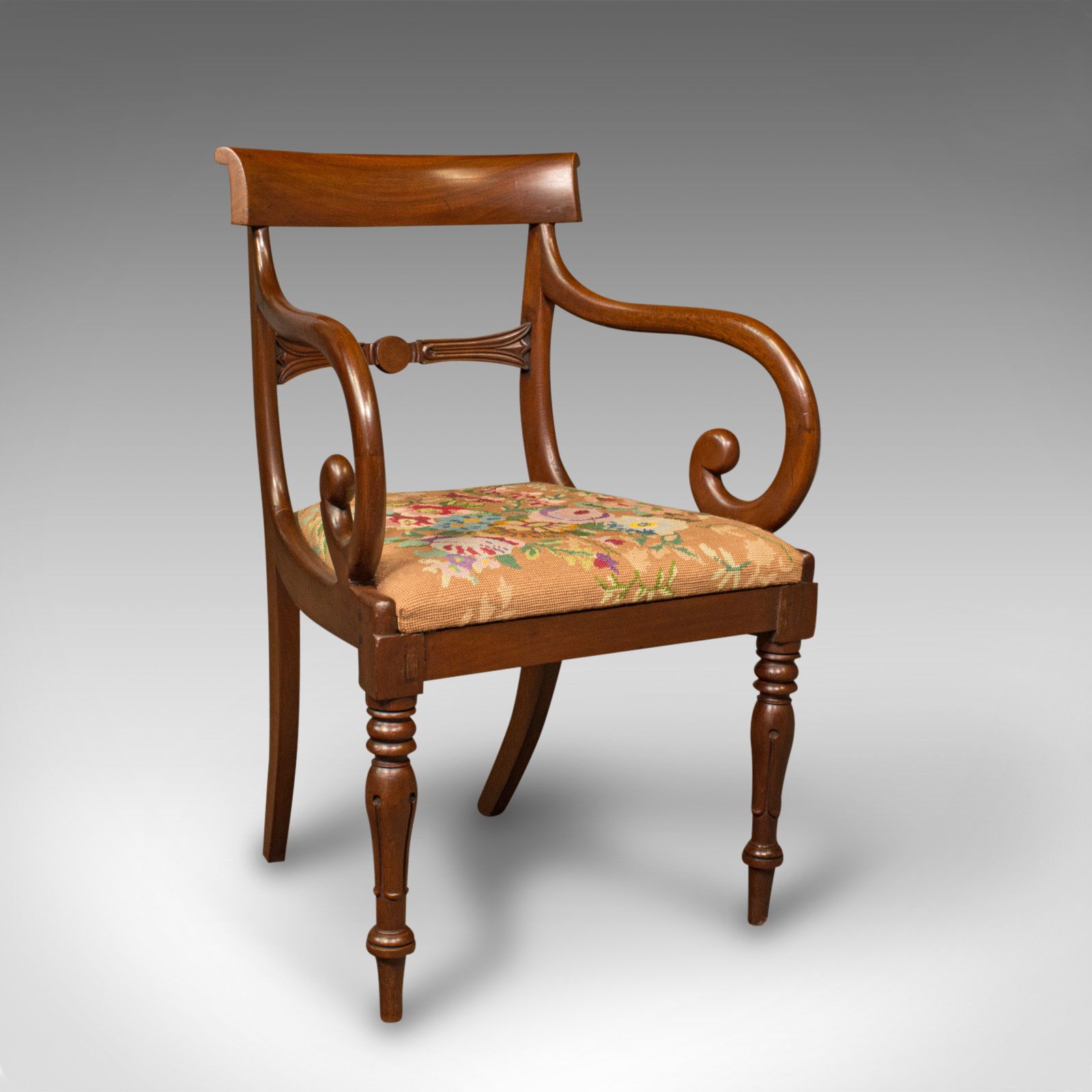 Antique Scroll Arm Chair, English, Armchair, Needlepoint, Regency, C.1830