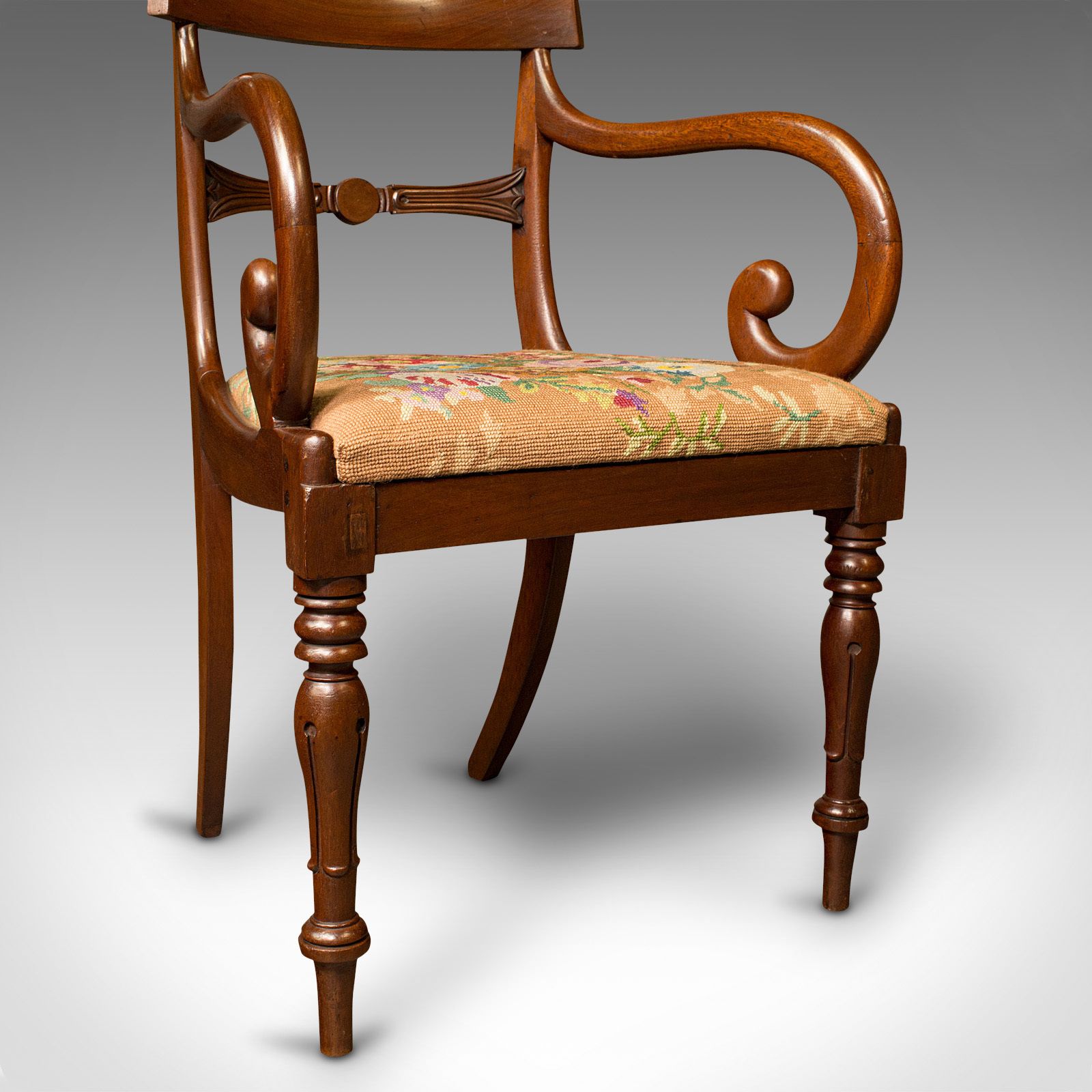 Antique Scroll Arm Chair, English, Armchair, Needlepoint, Regency, C.1830 photo vinterior