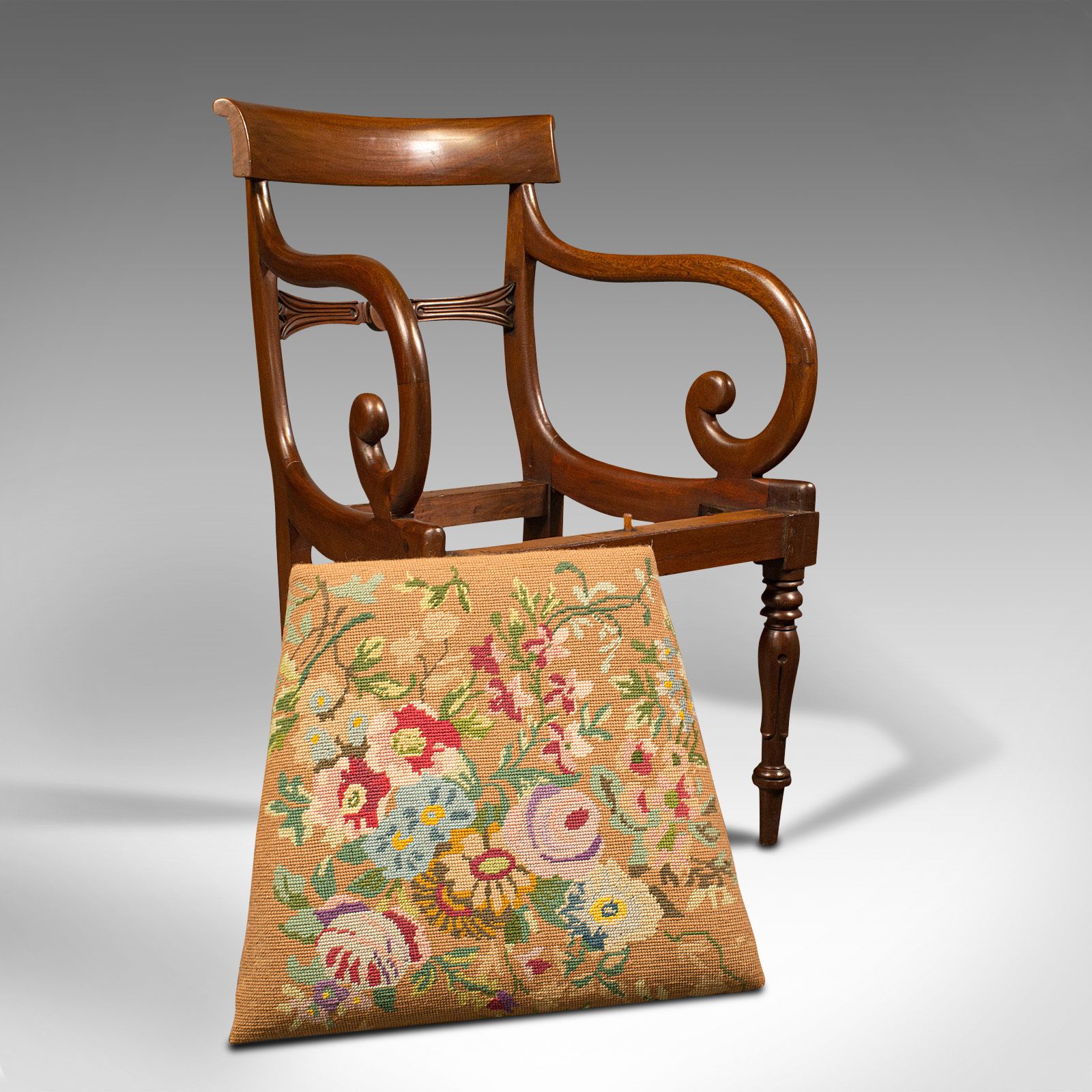 photo furniture Antique Scroll Arm Chair, English, Armchair, Needlepoint, Regency, C.1830
