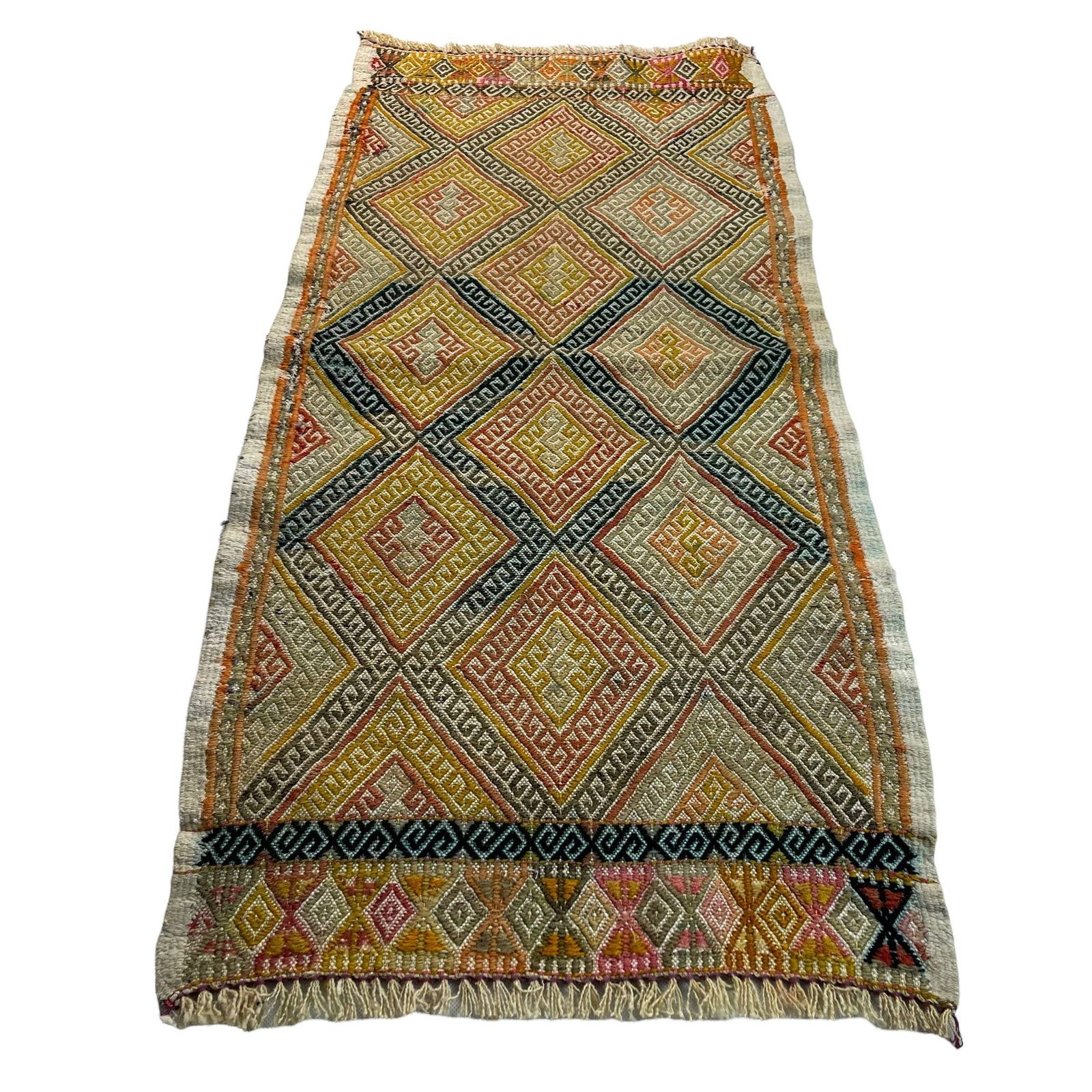 Traditional Turkish Mini Kilim Rug , Vintage Anatolian Turkish Kilim Rug , 99 X 45 Cm