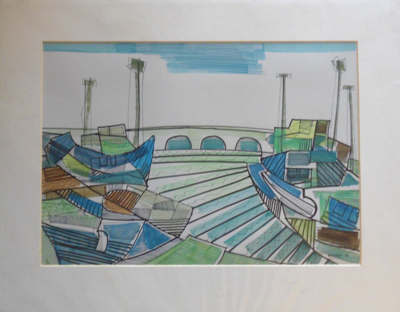 Untitled (Ships) Ink Drawing With Watercolour By Beverley Peter Meyers