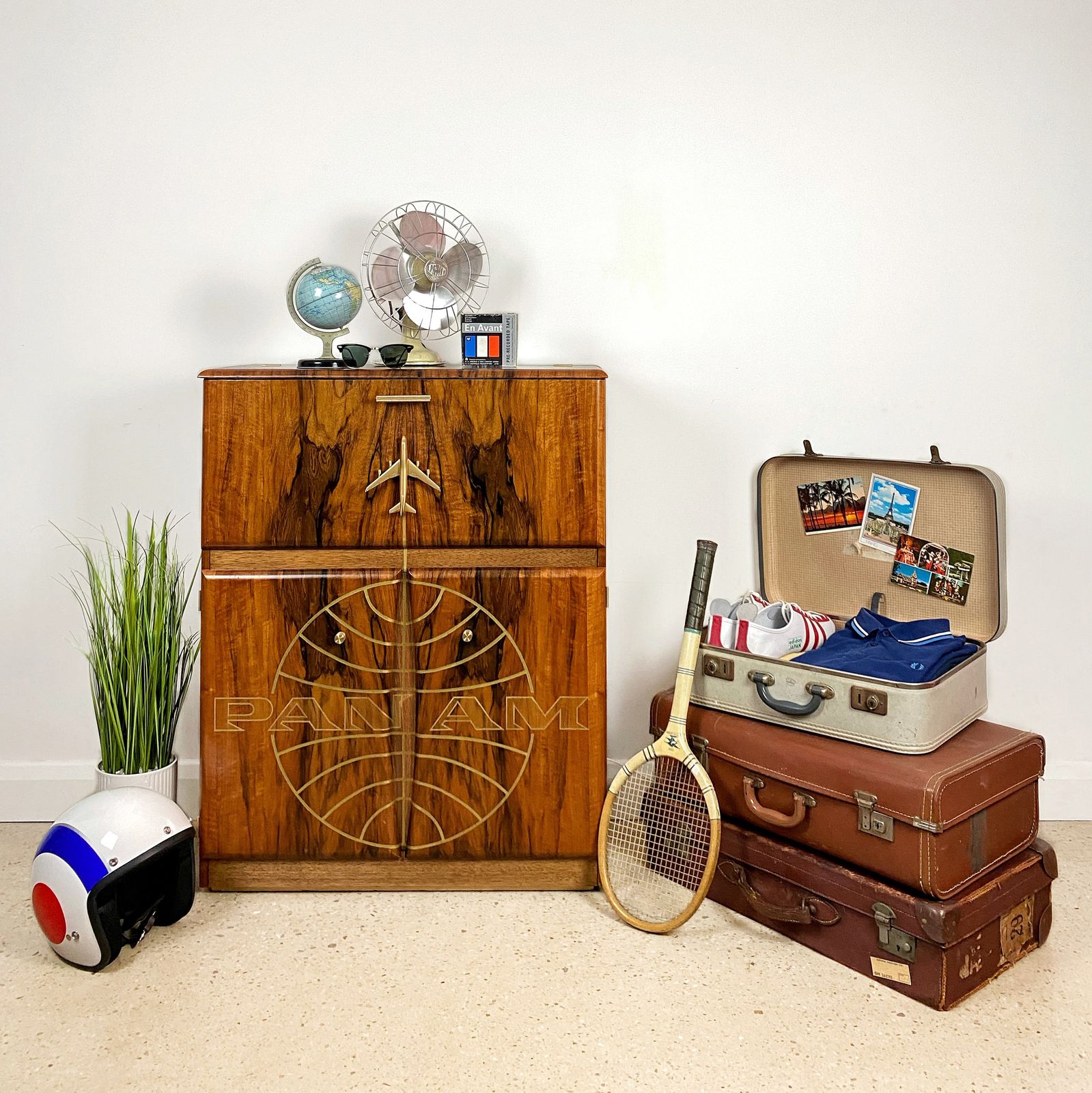 Mid Century Cocktail Cabinet In Walnut With Gold Pan Am Airways Design And Travel Map Theme photo furniture