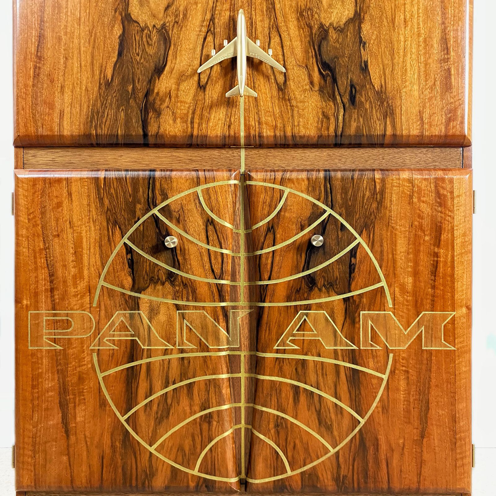 Mid Century Cocktail Cabinet In Walnut With Gold Pan Am Airways Design And Travel Map Theme photo vintage