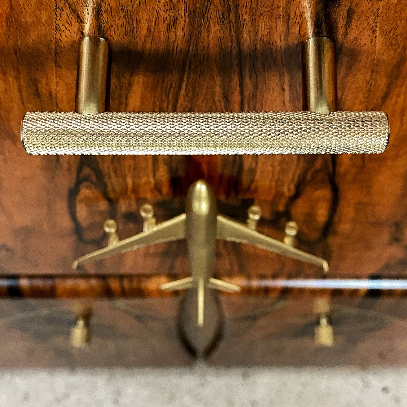 photo for sale Mid Century Cocktail Cabinet In Walnut With Gold Pan Am Airways Design And Travel Map Theme
