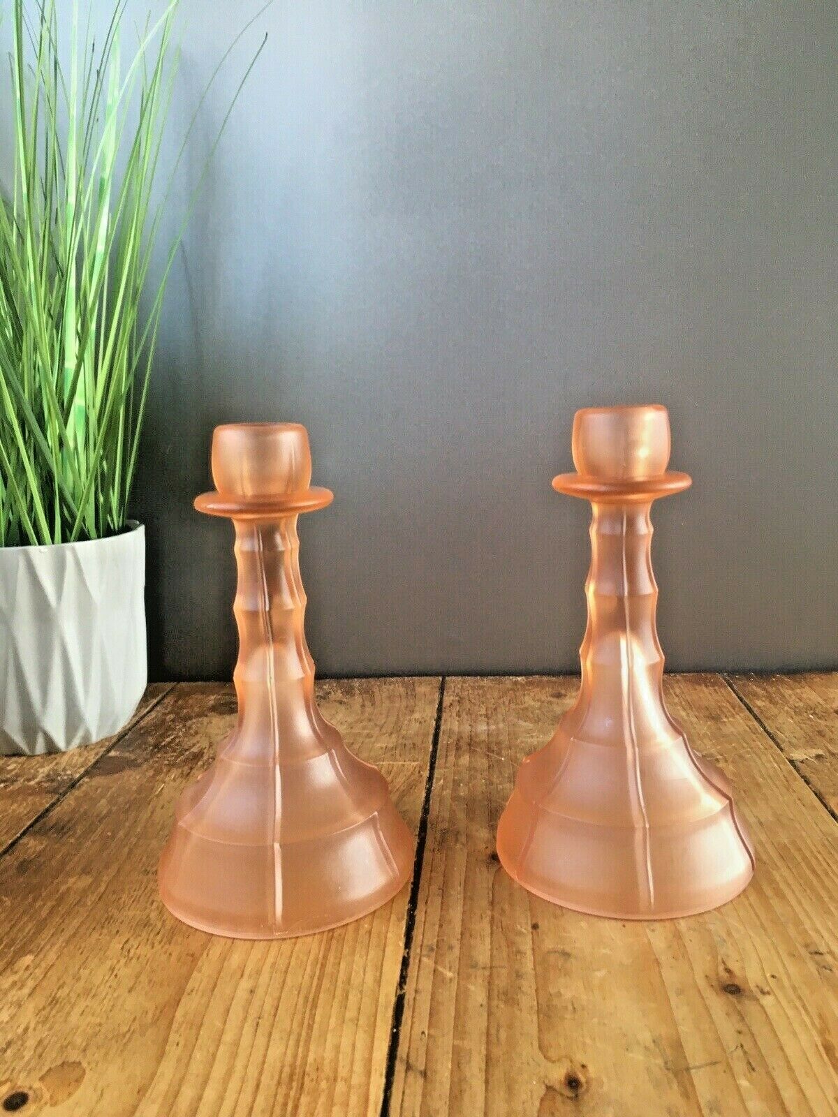 Home Decor Rare Pair Of Art Deco Frosted Glass Candlesticks Candle Holders Walther & Sohne photo